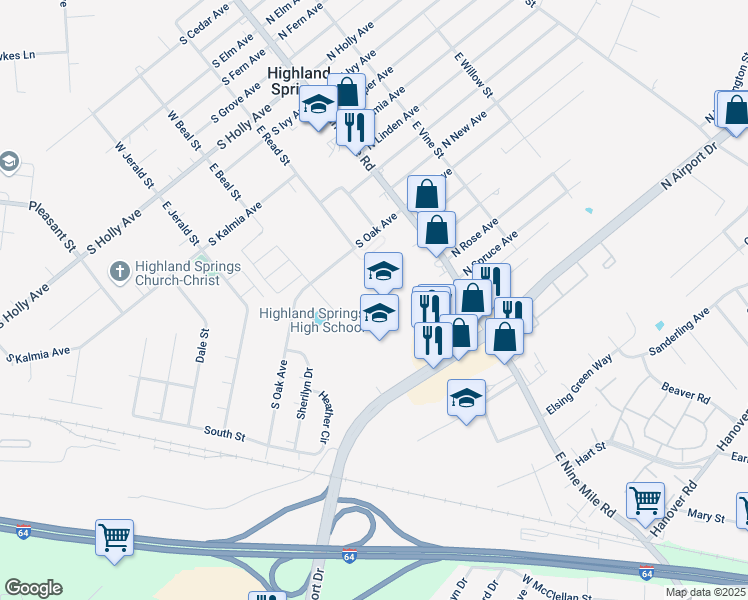 map of restaurants, bars, coffee shops, grocery stores, and more near 15 South Oak Avenue in Highland Springs