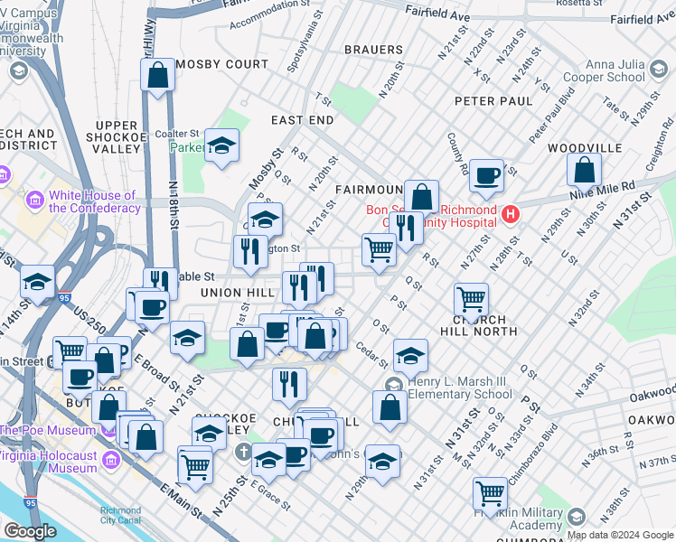 map of restaurants, bars, coffee shops, grocery stores, and more near 2308 Venable Street in Richmond