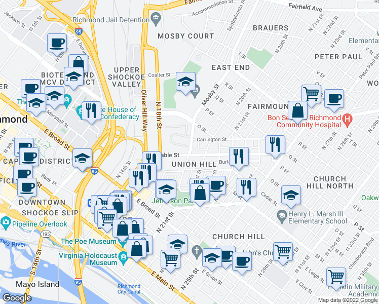 map of restaurants, bars, coffee shops, grocery stores, and more near 726 Mosby Street in Richmond