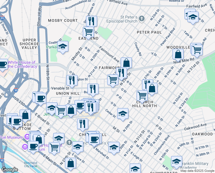 map of restaurants, bars, coffee shops, grocery stores, and more near 2408 Venable Street in Richmond