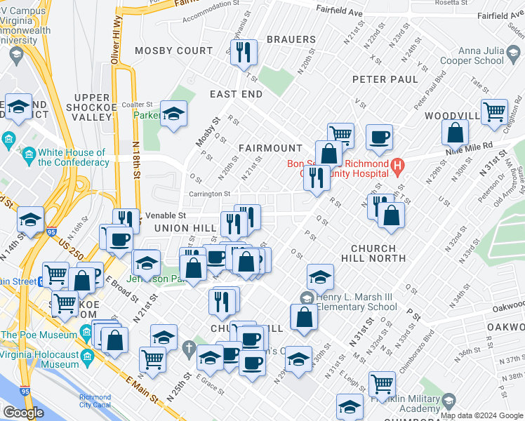 map of restaurants, bars, coffee shops, grocery stores, and more near 2306 Venable Street in Richmond