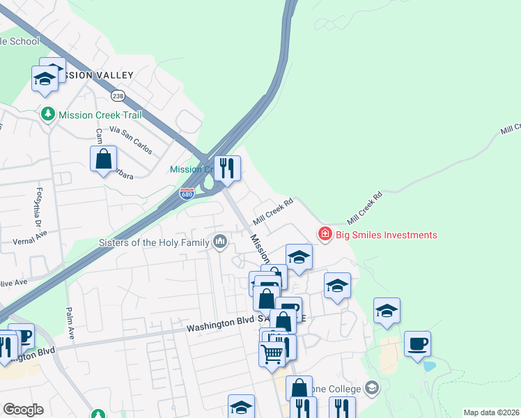 map of restaurants, bars, coffee shops, grocery stores, and more near 124 Linmore Drive in Fremont