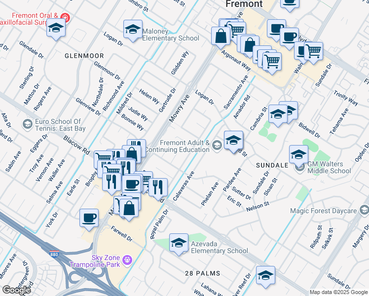 map of restaurants, bars, coffee shops, grocery stores, and more near 39120 Serra Place in Fremont