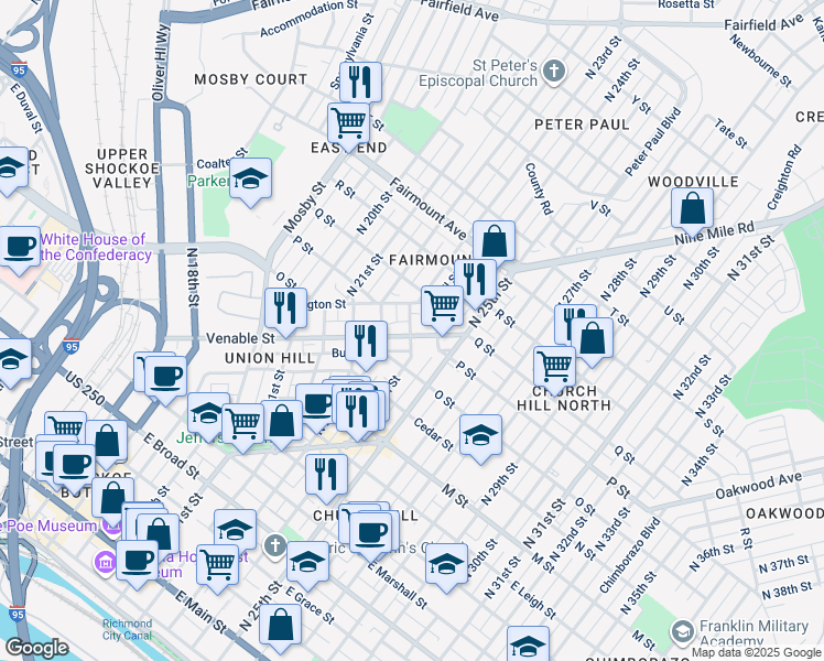 map of restaurants, bars, coffee shops, grocery stores, and more near 966 Pink Street in Richmond