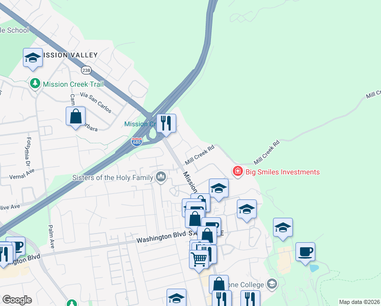 map of restaurants, bars, coffee shops, grocery stores, and more near 124 Linmore Drive in Fremont