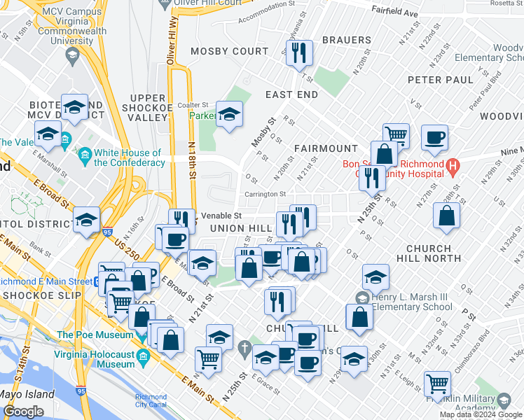 map of restaurants, bars, coffee shops, grocery stores, and more near 805 North 21st Street in Richmond