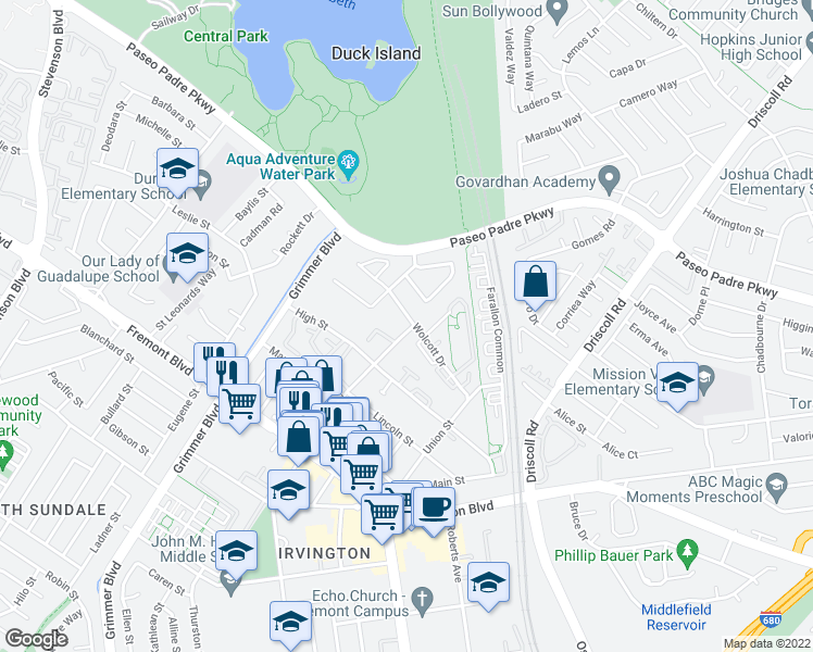 map of restaurants, bars, coffee shops, grocery stores, and more near 40415 Chapel Way in Fremont