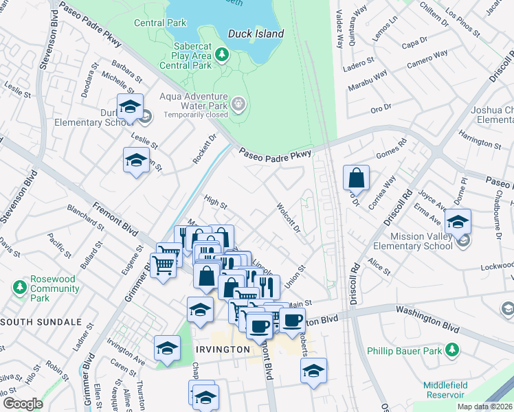 map of restaurants, bars, coffee shops, grocery stores, and more near 40415 Chapel Way in Fremont