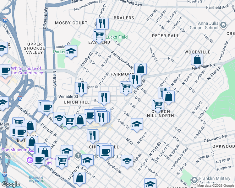map of restaurants, bars, coffee shops, grocery stores, and more near 966 Pink Street in Richmond