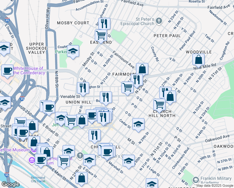 map of restaurants, bars, coffee shops, grocery stores, and more near 966 Pink Street in Richmond