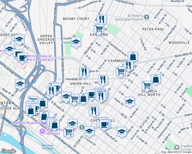 map of restaurants, bars, coffee shops, grocery stores, and more near 864 North 22nd Street in Richmond