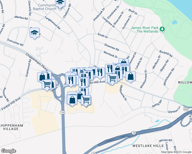 map of restaurants, bars, coffee shops, grocery stores, and more near 6954 Forest Hill Avenue in Richmond