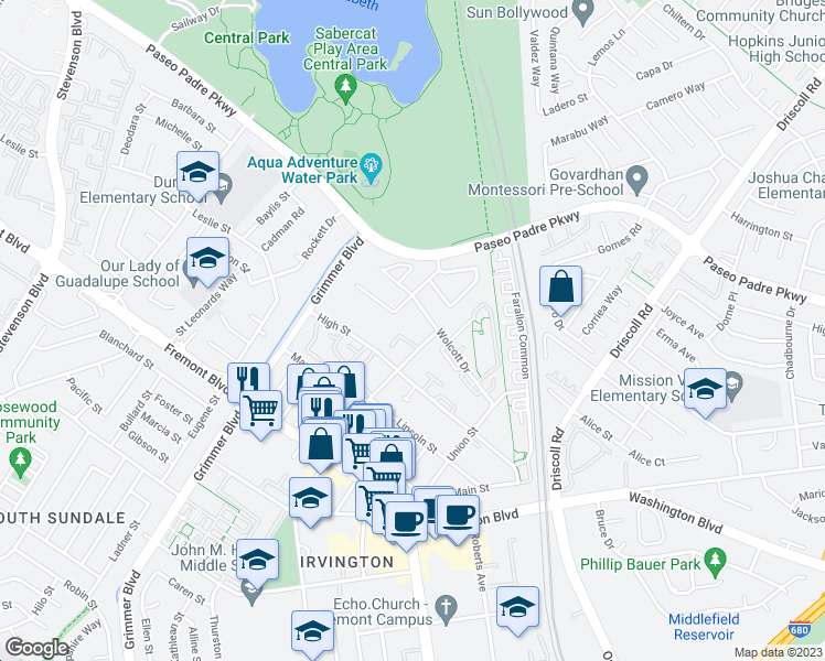 map of restaurants, bars, coffee shops, grocery stores, and more near 40425 Chapel Way in Fremont