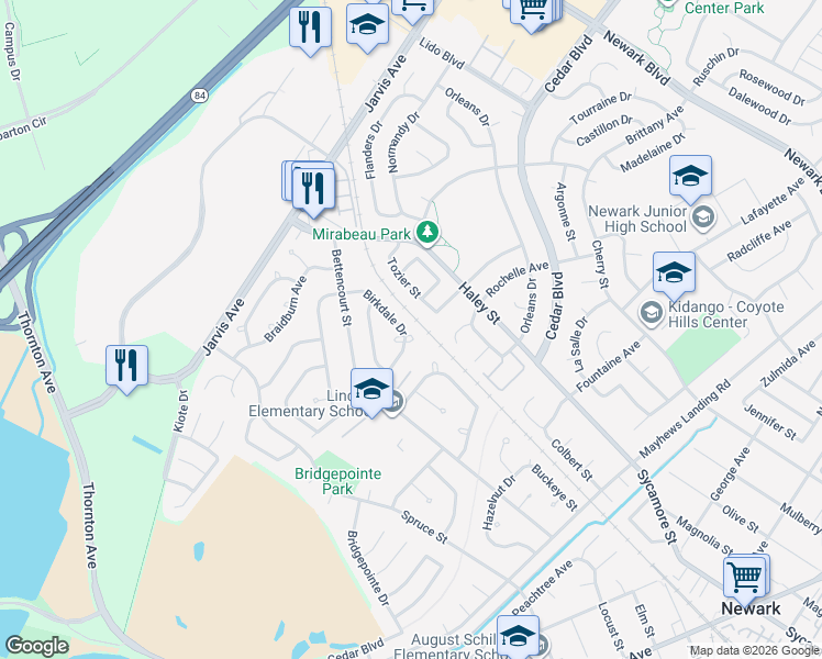 map of restaurants, bars, coffee shops, grocery stores, and more near 7482 Birkdale Drive in Newark