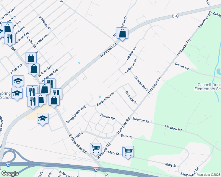 map of restaurants, bars, coffee shops, grocery stores, and more near 203 Carlstone Drive in Highland Springs