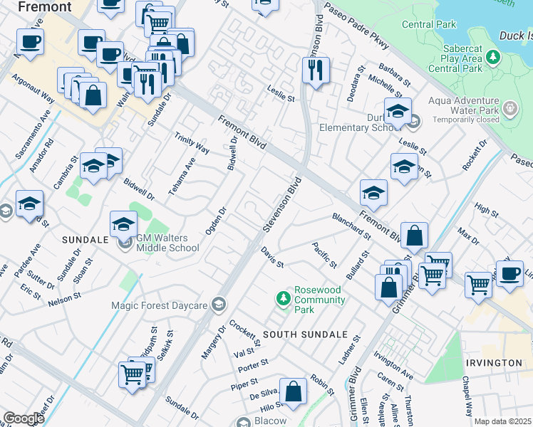 map of restaurants, bars, coffee shops, grocery stores, and more near 4261 Stevenson Boulevard in Fremont