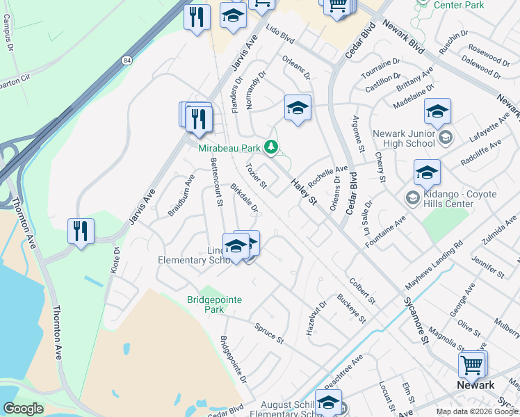 map of restaurants, bars, coffee shops, grocery stores, and more near 7482 Birkdale Drive in Newark