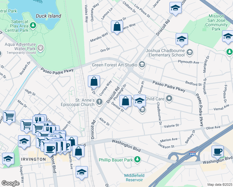 map of restaurants, bars, coffee shops, grocery stores, and more near 2445 Plumleigh Drive in Fremont