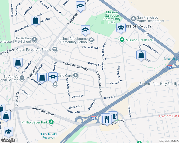 map of restaurants, bars, coffee shops, grocery stores, and more near 41861 Paseo Padre Parkway in Fremont