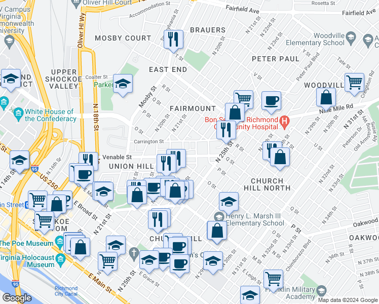 map of restaurants, bars, coffee shops, grocery stores, and more near 2310 Venable Street in Richmond