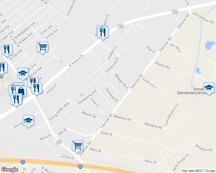 map of restaurants, bars, coffee shops, grocery stores, and more near 1402 Gambrel Drive in Sandston
