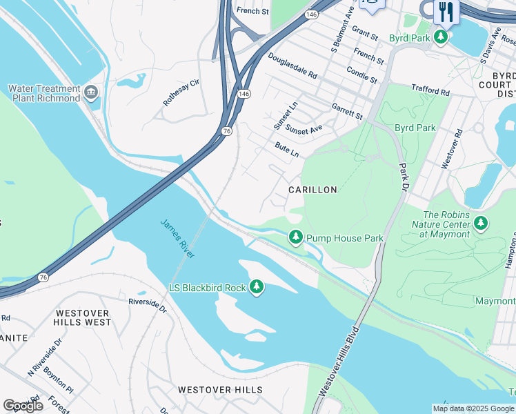 map of restaurants, bars, coffee shops, grocery stores, and more near 18 Tow Path Lane South in Richmond