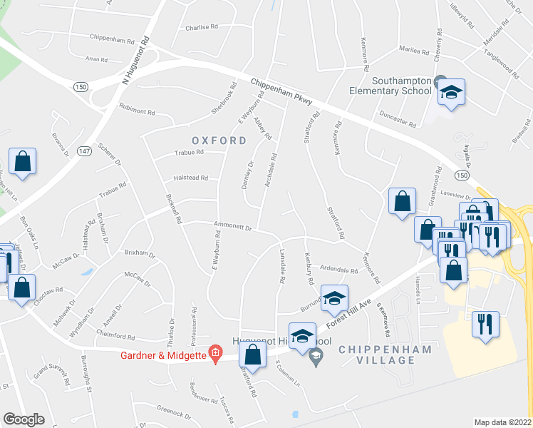 map of restaurants, bars, coffee shops, grocery stores, and more near 2919 Archdale Road in Richmond