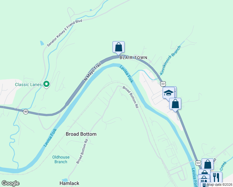 map of restaurants, bars, coffee shops, grocery stores, and more near 1055 Broad Bottom Road in Pikeville