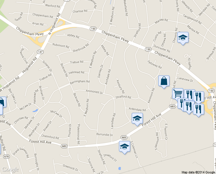 map of restaurants, bars, coffee shops, grocery stores, and more near 2919 Archdale Road in Richmond