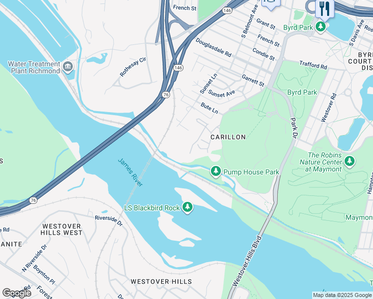 map of restaurants, bars, coffee shops, grocery stores, and more near 18 Tow Path Lane South in Richmond