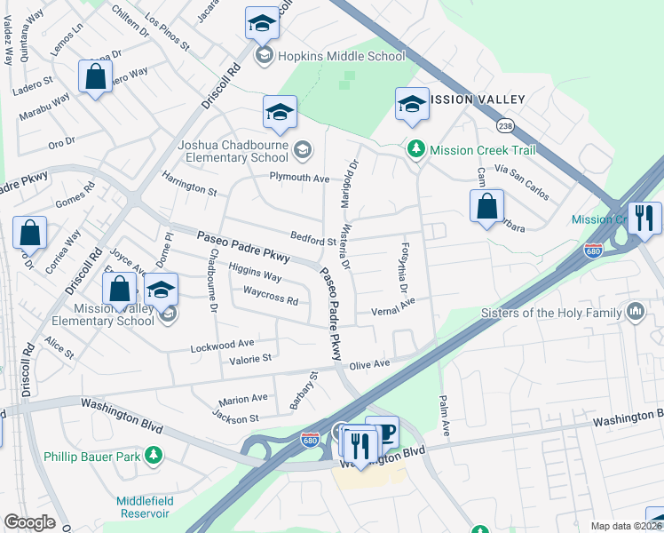 map of restaurants, bars, coffee shops, grocery stores, and more near 1075 Wisteria Drive in Fremont