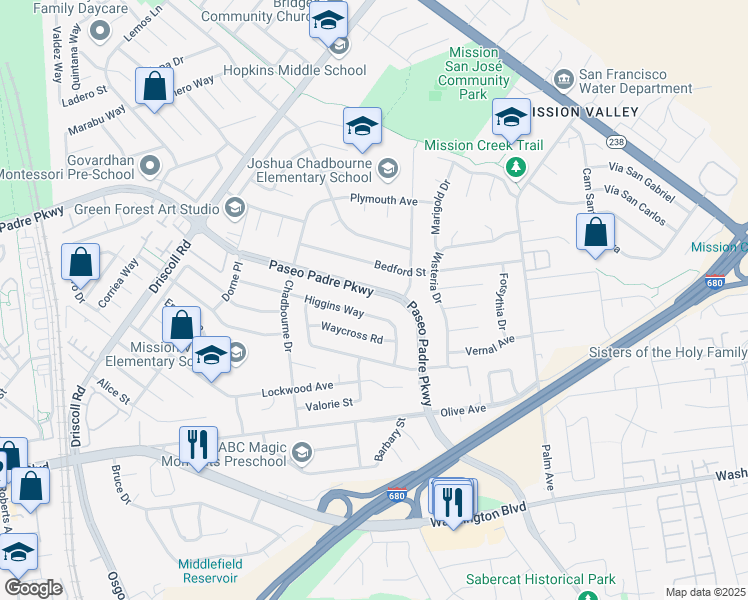 map of restaurants, bars, coffee shops, grocery stores, and more near 41813 Paseo Padre Parkway in Fremont