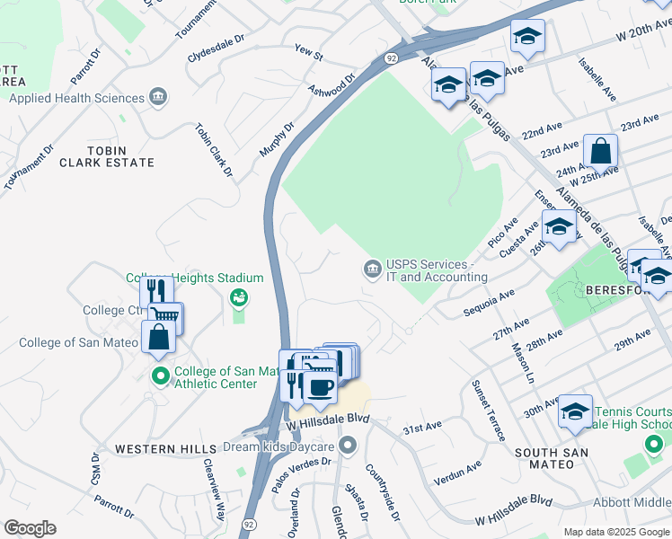 map of restaurants, bars, coffee shops, grocery stores, and more near 2800 Campus Drive in San Mateo