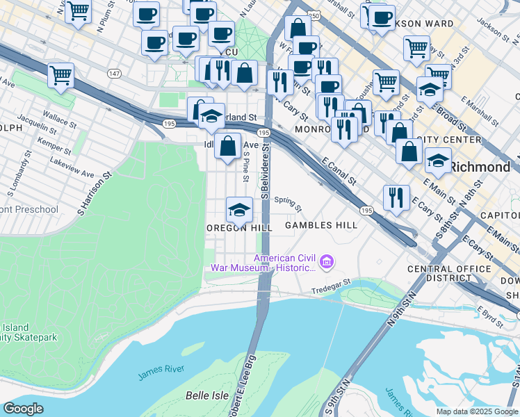 map of restaurants, bars, coffee shops, grocery stores, and more near 605V Spring Street in Richmond