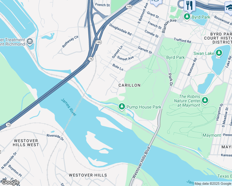 map of restaurants, bars, coffee shops, grocery stores, and more near 25 Old Canal Road in Richmond