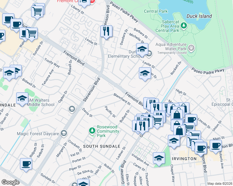map of restaurants, bars, coffee shops, grocery stores, and more near 40217 Fremont Boulevard in Fremont