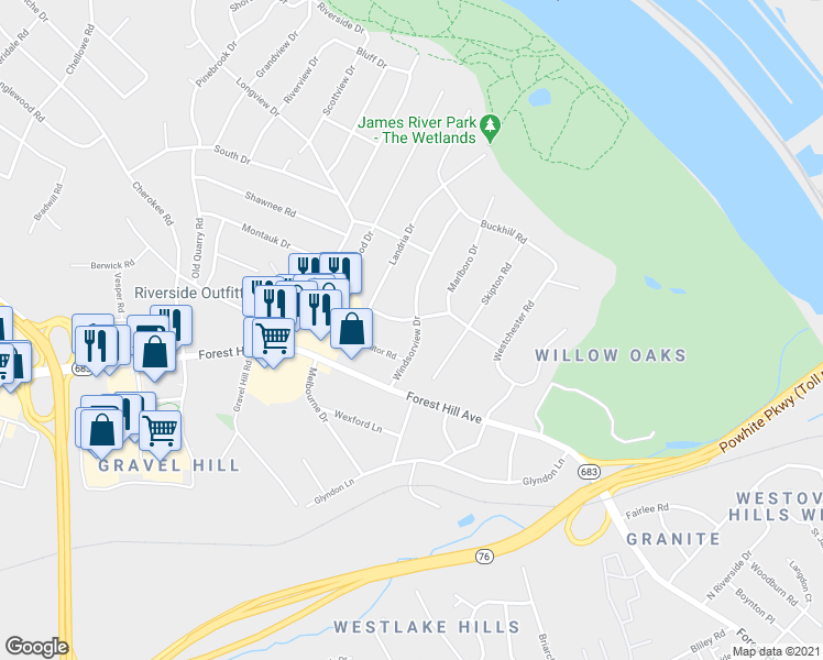 map of restaurants, bars, coffee shops, grocery stores, and more near 2928 Windsorview Drive in Richmond