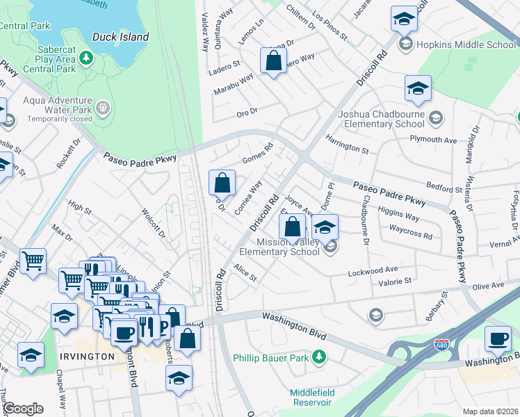 map of restaurants, bars, coffee shops, grocery stores, and more near 41057 Davila Court in Fremont