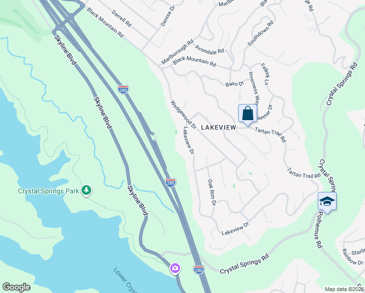 map of restaurants, bars, coffee shops, grocery stores, and more near 1565 Lakeview Drive in Hillsborough