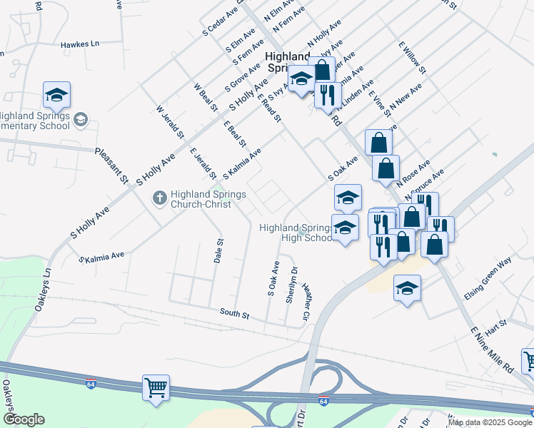 map of restaurants, bars, coffee shops, grocery stores, and more near 543 East Beal Street in Highland Springs