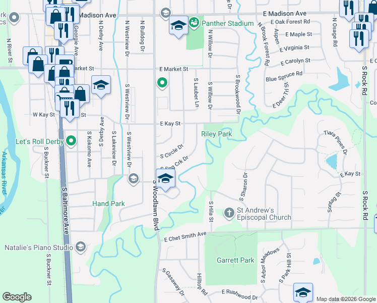 map of restaurants, bars, coffee shops, grocery stores, and more near 452 Spring Creek Drive in Derby
