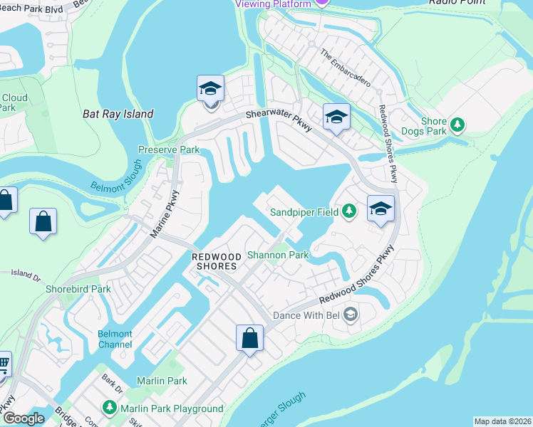 map of restaurants, bars, coffee shops, grocery stores, and more near 500 Baltic Circle in Redwood City