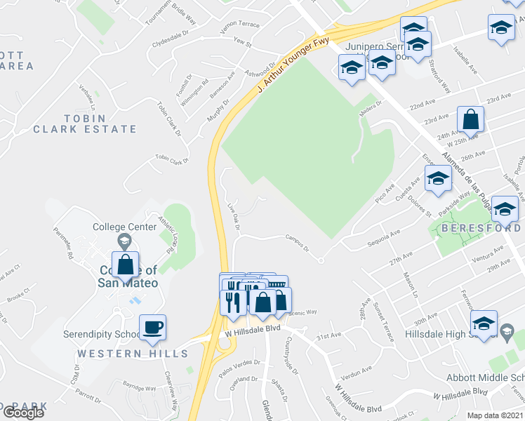 map of restaurants, bars, coffee shops, grocery stores, and more near 2800 Campus Drive in San Mateo