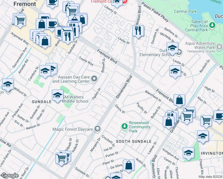 map of restaurants, bars, coffee shops, grocery stores, and more near 4261 Stevenson Boulevard in Fremont