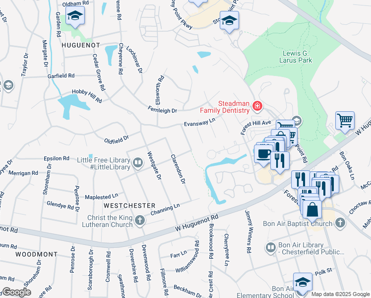 map of restaurants, bars, coffee shops, grocery stores, and more near 3100 Ragsdale Road in Richmond