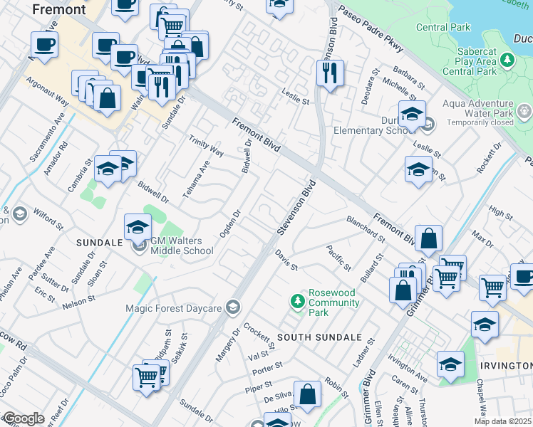 map of restaurants, bars, coffee shops, grocery stores, and more near 4261 Stevenson Boulevard in Fremont