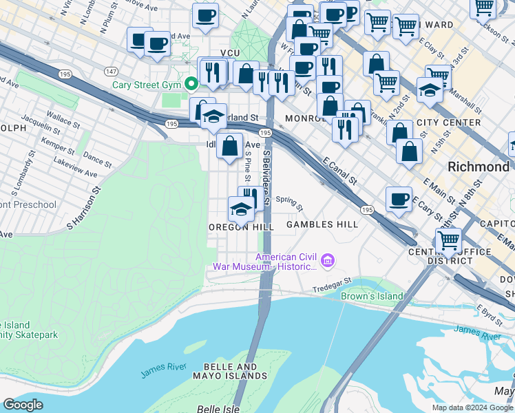 map of restaurants, bars, coffee shops, grocery stores, and more near 605 Spring Street in Richmond