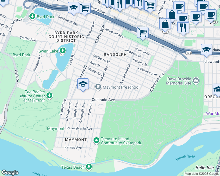 map of restaurants, bars, coffee shops, grocery stores, and more near 1116 Sumpter Street in Richmond