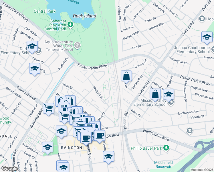 map of restaurants, bars, coffee shops, grocery stores, and more near 40860 Ingersoll Terrace in Fremont