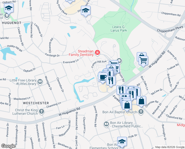 map of restaurants, bars, coffee shops, grocery stores, and more near 3102 Lake Terrace Court in Richmond